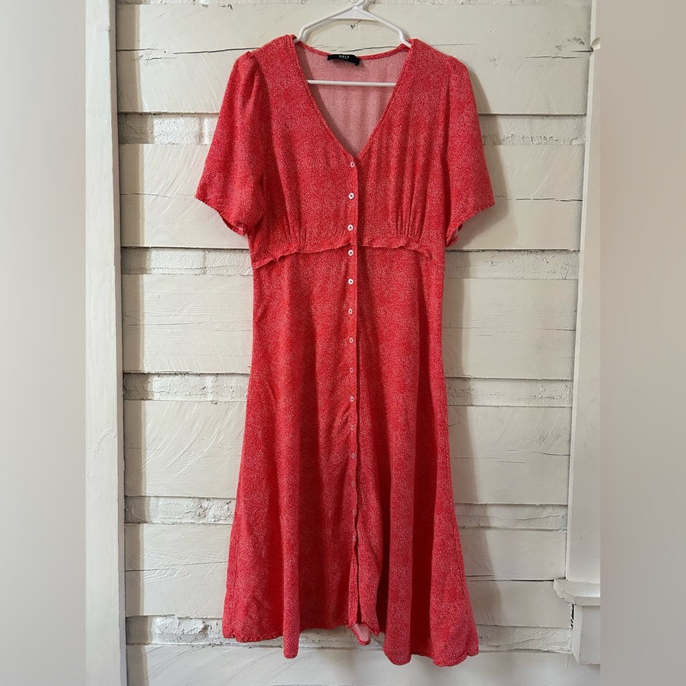 ABLE Red Coral Dot Button-Front Midi Dress – Size Small